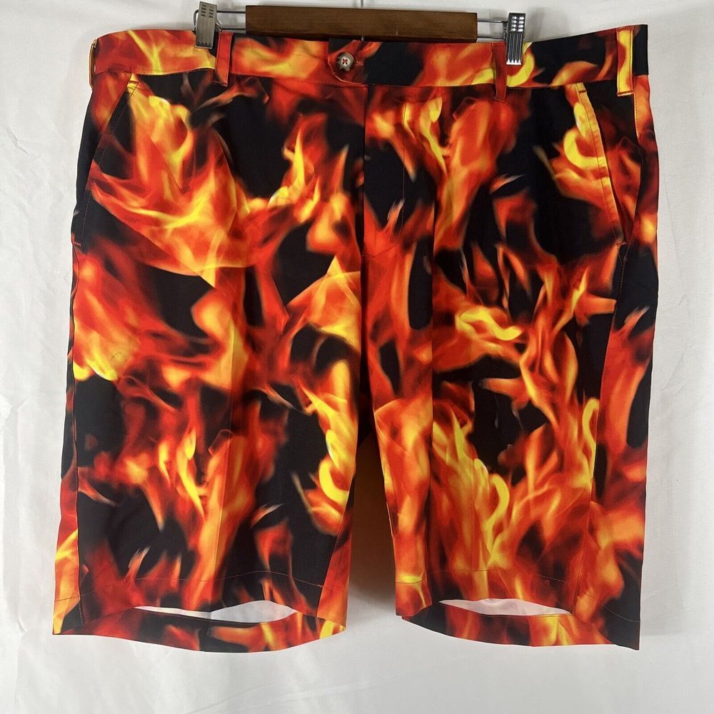 Loudmouth Golf Shorts Mens Size 42 Red Black RARE Fire Flame Pattern Chino Read*